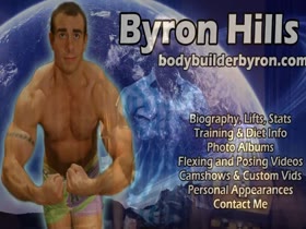Bodybuilder Byron Hills Flexing Muscles in Lucky Blue Tight Shirt