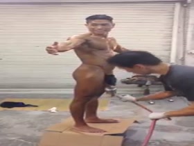 Young bodybuilder tanning