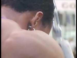 vintage Flex Wheeler training in a purple spandex unitard w/ Charles Glass, Rico McClinton