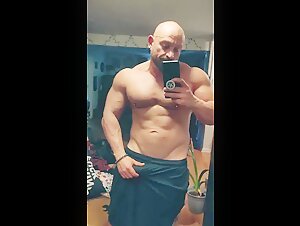 Bald Muscle Man, Showing His Big Uncut Cock
