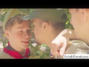 Twink scout tied up in tree and analed by two dick